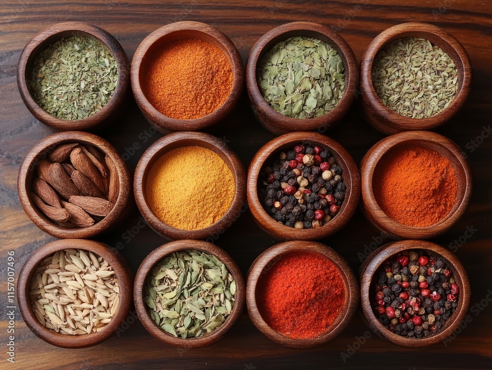 Variety of colorful spices and herbs in wooden bowls on rustic wooden table Variety of colorful spices and herbs in wooden bowls on rustic wooden table
