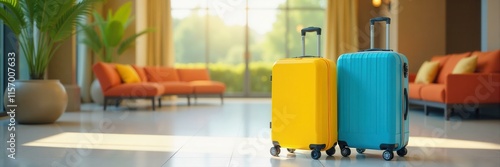 Vibrant Colorful Suitcases in Sunlit Modern Hotel Lobby representing Luxury Travel and Vacation Planning