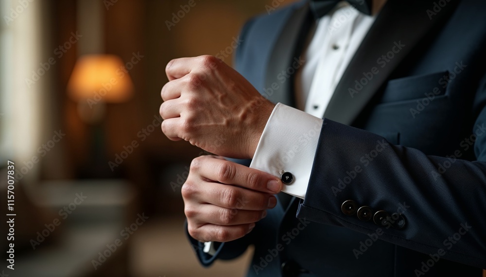 Man adjusting cufflinks on a formal suit, preparing for an elegant event. Man adjusting cufflinks on a formal suit, preparing for an elegant event.