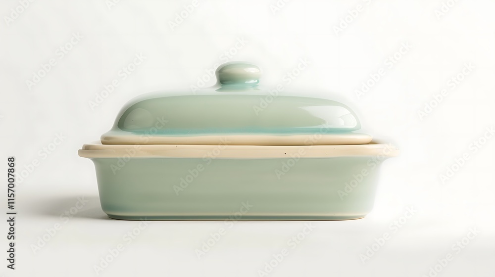A ceramic butter dish with a lid on a white background A ceramic butter dish with a lid on a white background