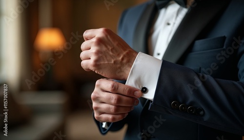 Man adjusting cufflinks on a formal suit, preparing for an elegant event.