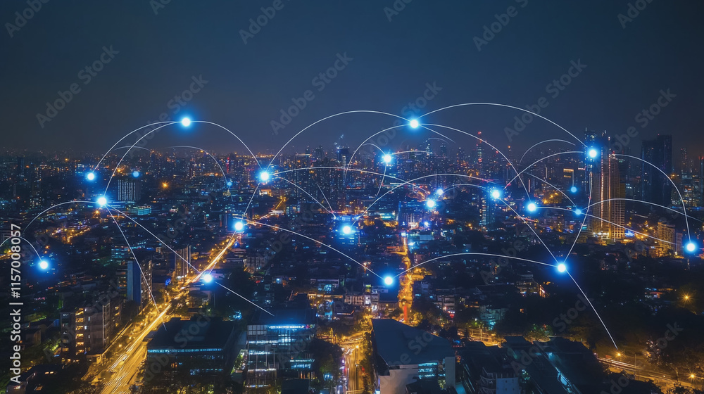 Smart digital Innovation city with connection network reciprocity over the cityscape. of future smart wireless digital city and social media networking systems that connects people with in city Smart digital Innovation city with connection network reciprocity over the cityscape. of future smart wireless digital city and social media networking systems that connects people with in city