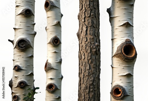 Natural birch tree trunks isolated on white background. Different textures and patterns of tree bark are visible. Set of wood trunks create natural design. Good for eco or nature related projects. photo