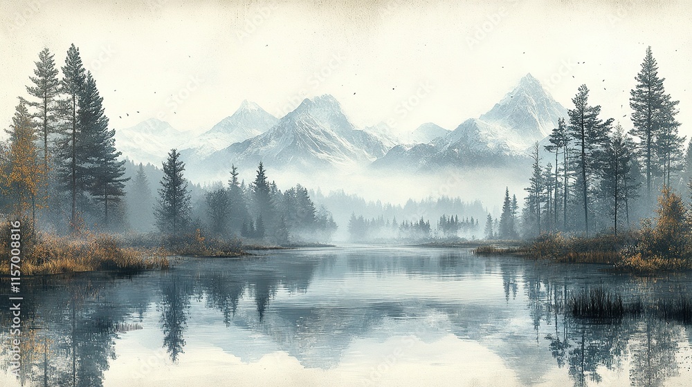 Naklejka premium Serene mountain landscape with a reflective lake and pine trees under a misty sky.
