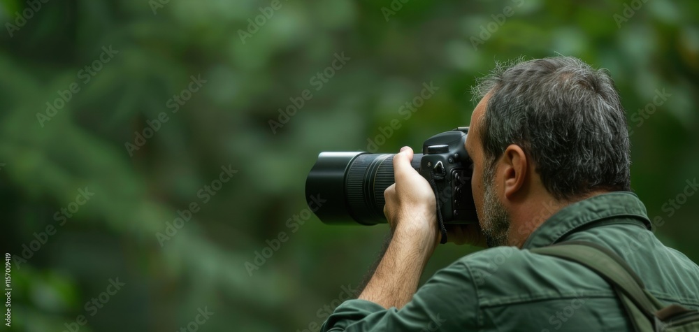 Nature photographer capturing images in a lush green setting. Nature photographer capturing images in a lush green setting.