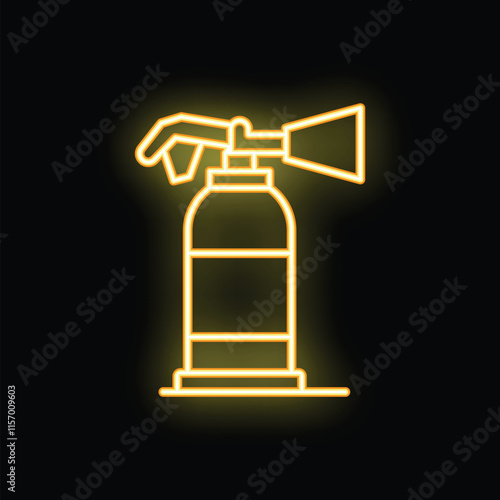 Neon icon of a blowtorch burning with yellow flame on black background
