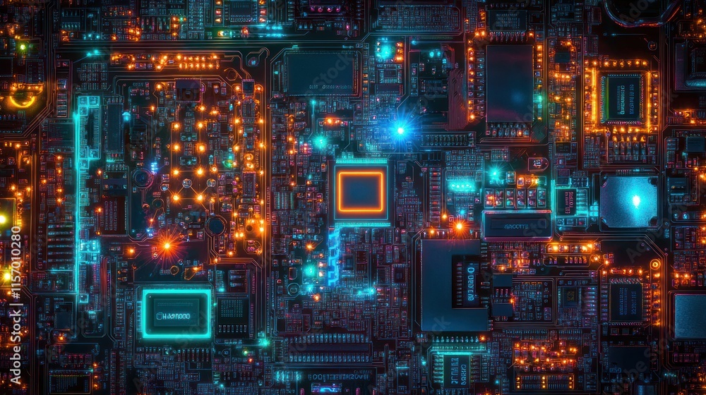 Close-up of a complex circuit board with glowing components. Close-up of a complex circuit board with glowing components.