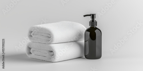 Minimalistic composition with two white towels and a black soap dispenser on a neutral background. Ideal for spa, bathroom, hygiene, and wellness concepts. photo