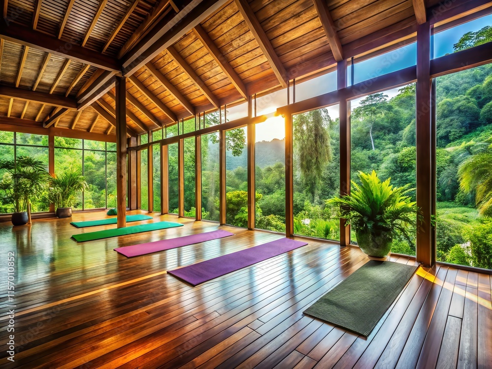 Panoramic Yoga Studio in Forest Retreat: Morning Yoga Class, High Depth of Field Panoramic Yoga Studio in Forest Retreat: Morning Yoga Class, High Depth of Field