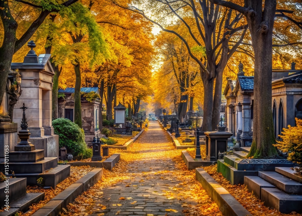 Fototapeta premium Parisian Cemetery Landscape: Montparnasse Tombstones & Autumnal Trees