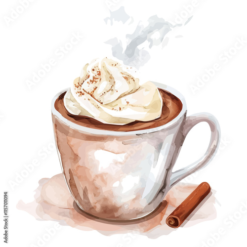 A watercolor drawing of a steaming cup of hot chocolate with whipped cream, isolated on a white background. Hot chocolate vector.
