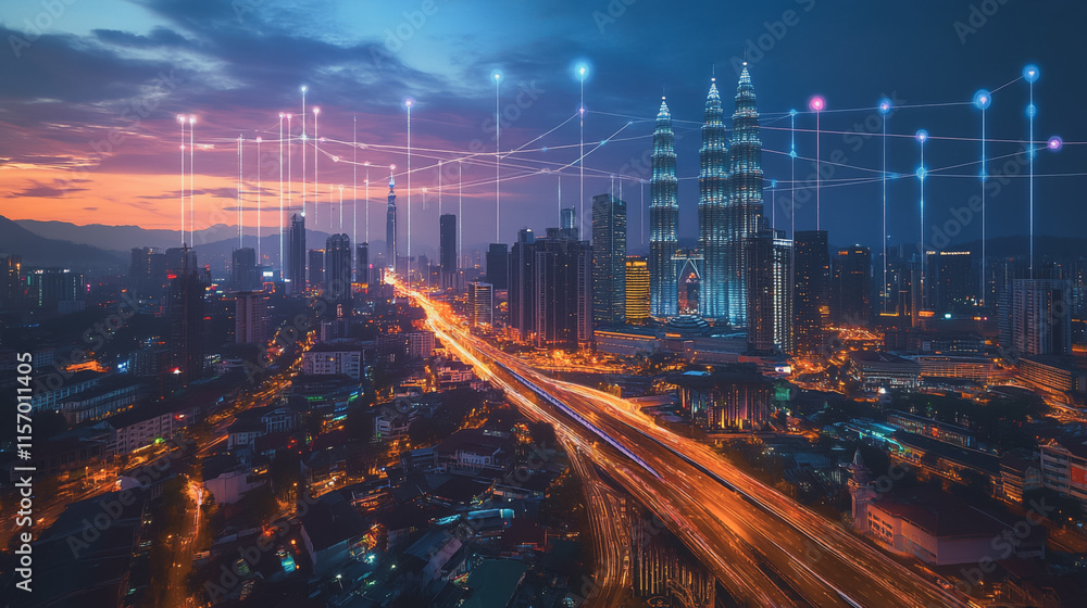 Fototapeta premium Smart digital Innovation city with connection network reciprocity over the cityscape. of future smart wireless digital city and social media networking systems that connects people with in city