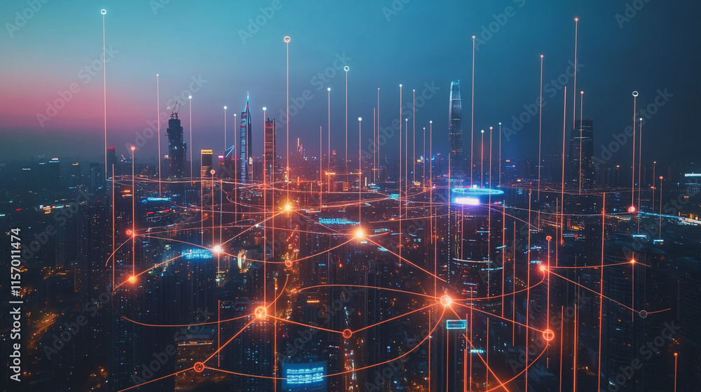 Naklejka premium Smart digital Innovation city with connection network reciprocity over the cityscape. of future smart wireless digital city and social media networking systems that connects people with in city