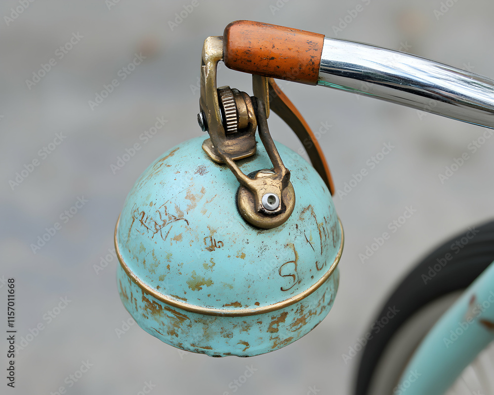 Obraz premium Vintage bicycle bell close-up; teal patina, brass accents, aged metal, antique bicycle part, detailed texture.