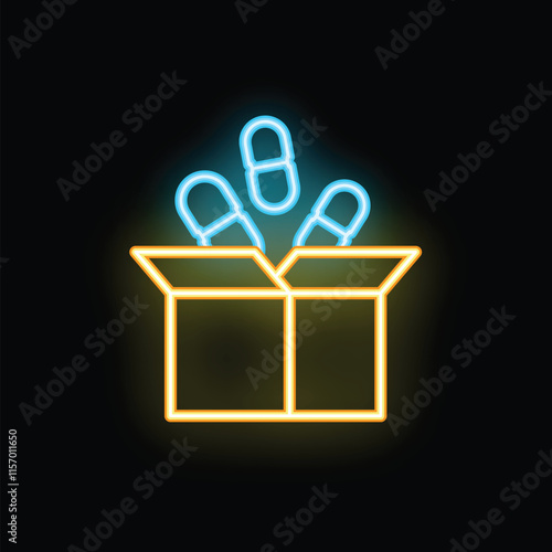 Neon sign of blue and yellow pills jumping out of open cardboard box on black background