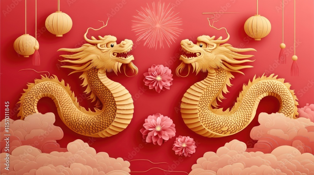 Obraz premium Traditional chinese new year dragons with lanterns and flowers on red background. Happy Chinese New Year