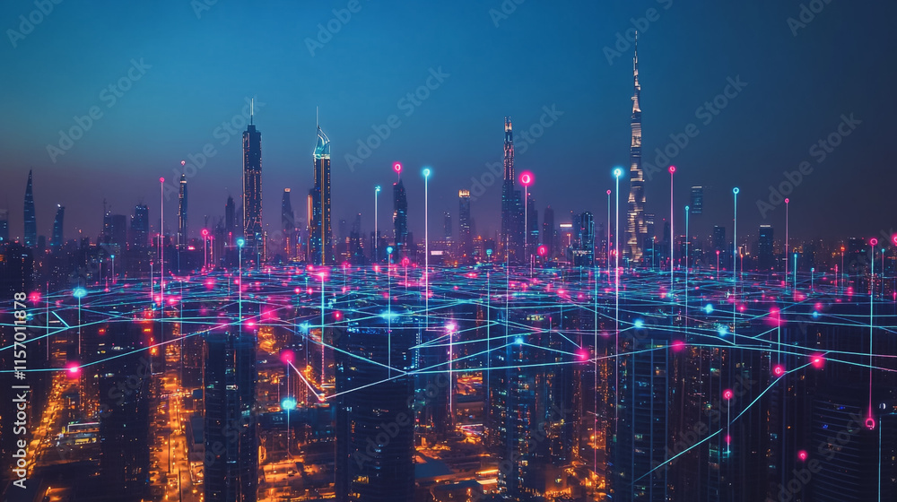 Fototapeta premium Smart digital Innovation city with connection network reciprocity over the cityscape. of future smart wireless digital city and social media networking systems that connects people with in city