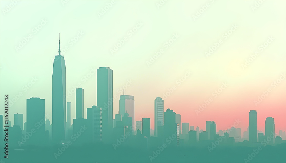 Obraz premium Fondo de skyline de una ciudad moderna en tonos verdes y rosas.