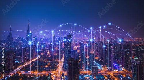 Wallpaper Mural Smart digital Innovation city with connection network reciprocity over the cityscape. of future smart wireless digital city and social media networking systems that connects people with in city Torontodigital.ca