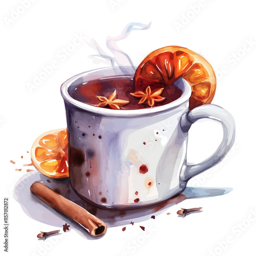 A watercolor vector of a steaming mug of mulled wine with spices, isolated on a white background. Mulled wine vector.
