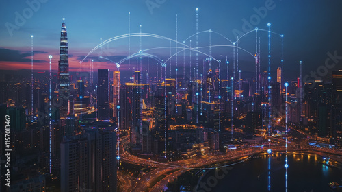 Wallpaper Mural Smart digital Innovation city with connection network reciprocity over the cityscape. of future smart wireless digital city and social media networking systems that connects people with in city Torontodigital.ca