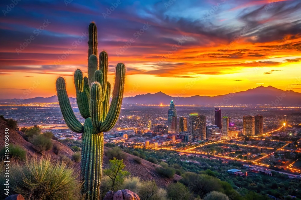 custom made wallpaper toronto digitalPhoenix Arizona Skyline at Sunset, Cactus Foreground, Documentary Photography Style