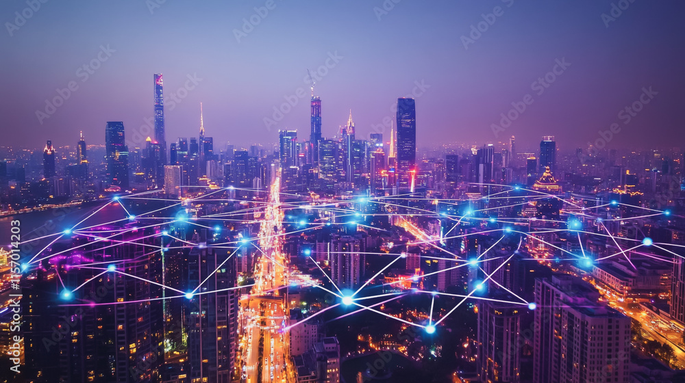 Fototapeta premium Smart digital Innovation city with connection network reciprocity over the cityscape. of future smart wireless digital city and social media networking systems that connects people with in city