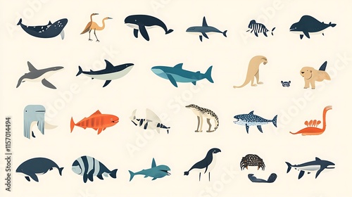 Fototapeta Naklejka Na Ścianę i Meble -  A neatly arranged set of illustrated animal icons, including mammals, birds, and aquatic species, each drawn in a simple and modern style. 