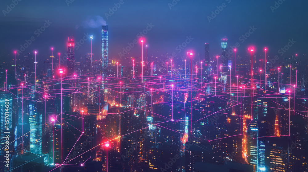 Fototapeta premium Smart digital Innovation city with connection network reciprocity over the cityscape. of future smart wireless digital city and social media networking systems that connects people with in city