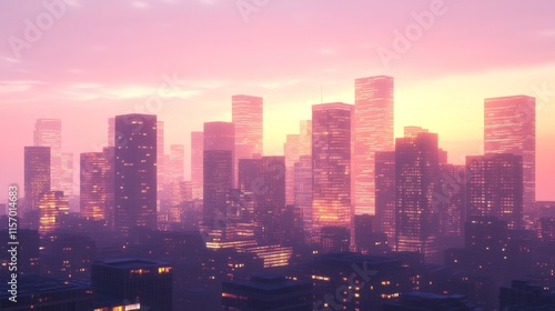 City skyline at sunset with vibrant colors.