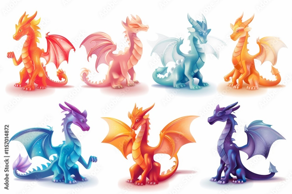 Fototapeta premium Dragons icon set, dino symbols, 3d realistic dinosaurs isolated, monster animals