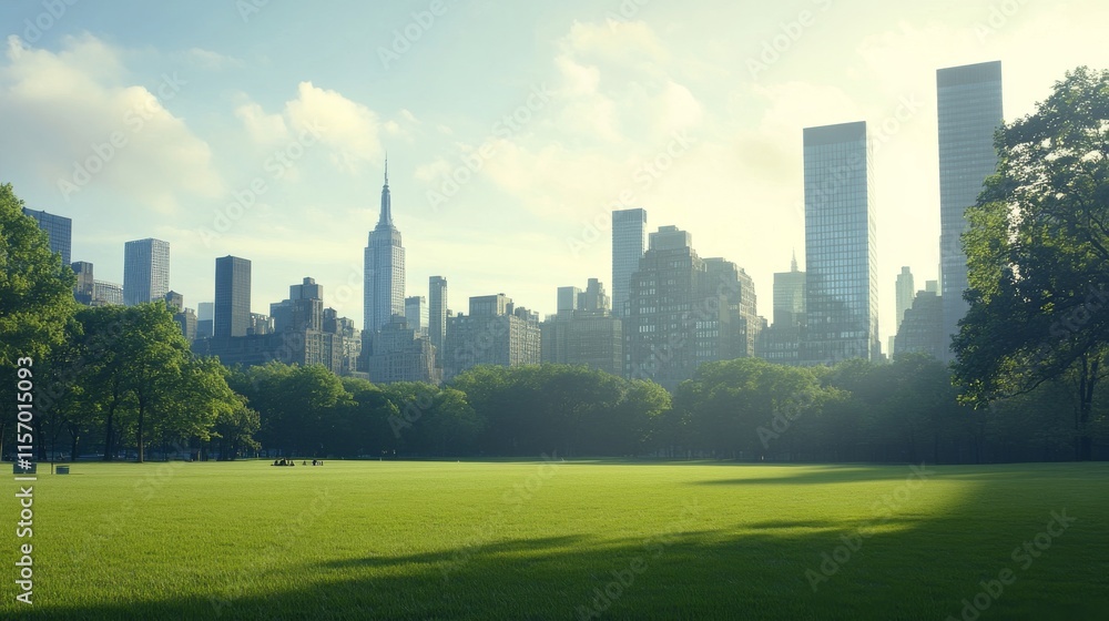 City skyline with green park and bright sky. City skyline with green park and bright sky.