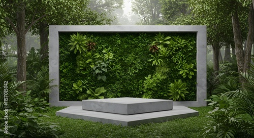 Concrete podium in tropical forest for product presentation and green wall. 3d rendering photo