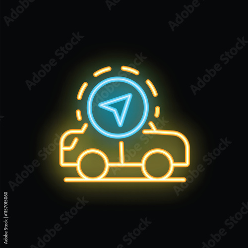 Bright neon icon of a yellow car with a blue location pin overhead, representing a car sharing service
