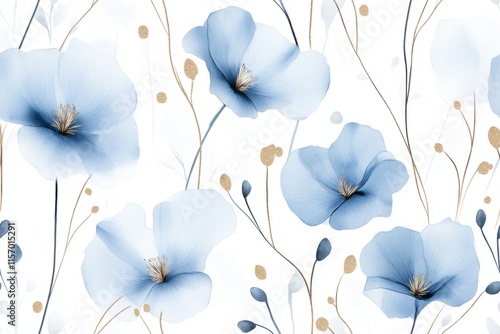 Fototapeta Naklejka Na Ścianę i Meble -  Seamless pattern with blue flowers painted in watercolor style on a white background, elegant floral design
