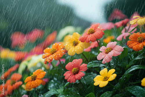 RainKissed Zinnias Vibrant Blooms in a Summer Shower. Generative Ai. photo