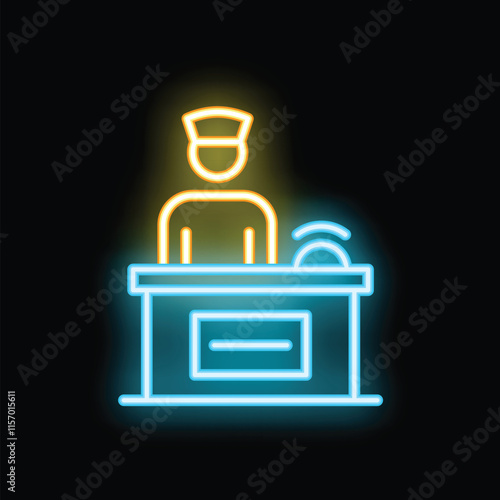 Bright glowing neon sign of a hotel reception desk with a concierge standing behind it