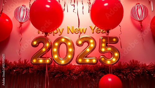 new year 2025 party decorations with red balloons