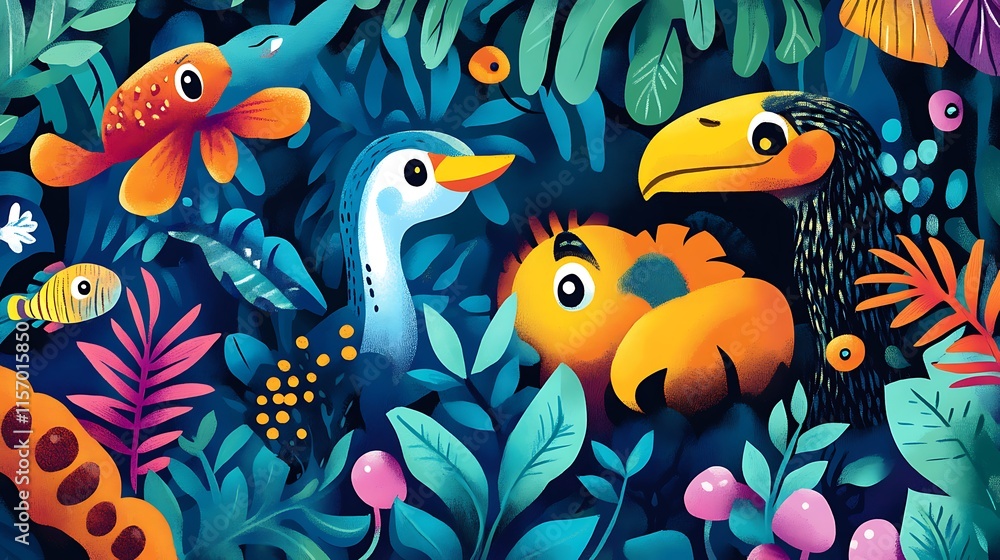 A themed set of colorful animal illustrations, including jungle, forest, and underwater creatures, designed with playful details. A themed set of colorful animal illustrations, including jungle, forest, and underwater creatures, designed with playful details.
