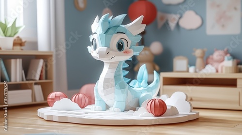 Cute blue dragon figurine in whimsical playroom with balloons and clouds. Happy Chinese New Year photo