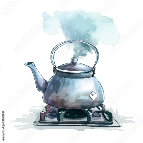 A watercolor painting of a tea kettle whistling on a stove with steam rising, isolated on a white background. Tea kettle vector.
