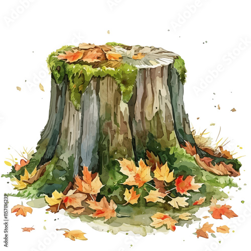 A watercolor clipart of a tree stump covered with moss and fallen leaves, isolated on a white background. Tree stump vector.
