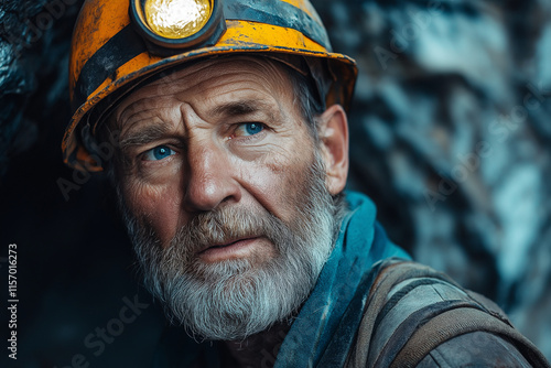 Grizzled Miners Portrait Underground, Hard Work, Coal Mine, Tough Life, Deep Darkness, Gritty Realis. Generative Ai. photo