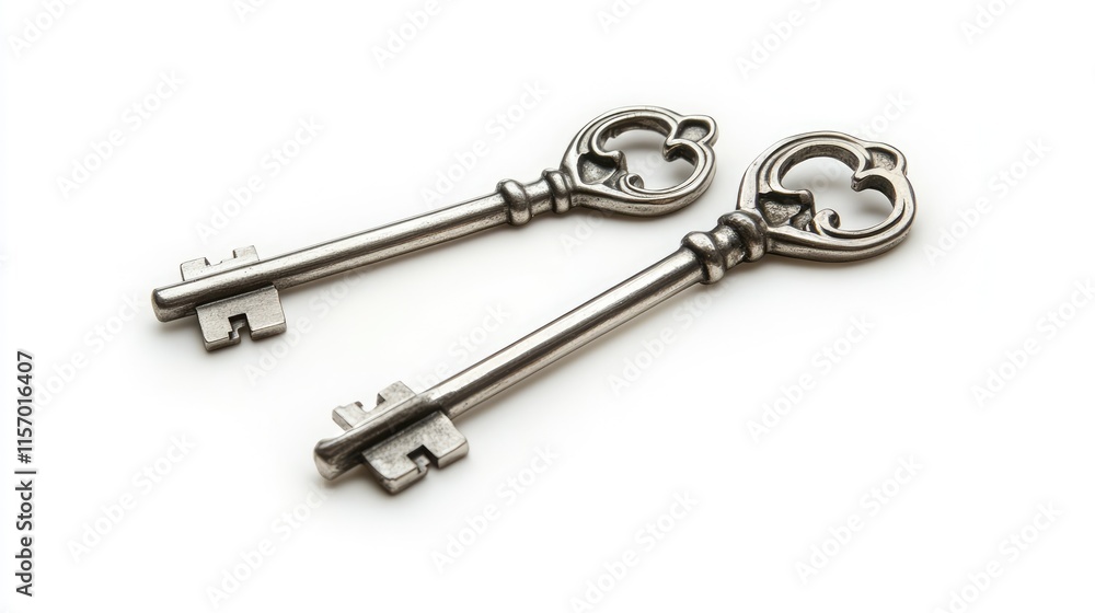 Two antique silver house keys isolated on a clean white background showcasing their unique design and intricate details. Two antique silver house keys isolated on a clean white background showcasing their unique design and intricate details.