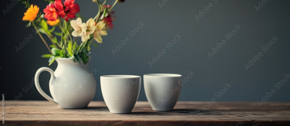 Elegant white ceramic cups with a vibrant flower vase on a rustic wooden table accentuating stylish home decor interior design. Elegant white ceramic cups with a vibrant flower vase on a rustic wooden table accentuating stylish home decor interior design.