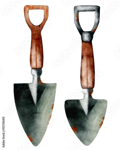 Garden tools drawn in a watercolor retro style, perfect for spring gardening in your crossbooking pad photo