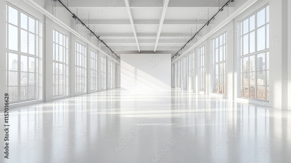 Empty white industrial loft with city view. Empty white industrial loft with city view.