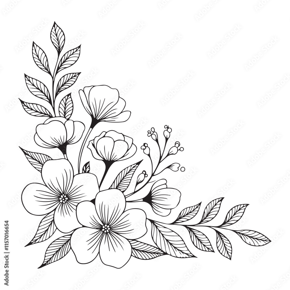 Fototapeta premium Floral corner line art on white background