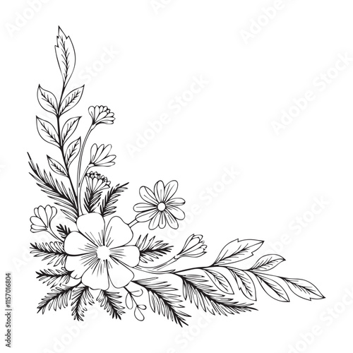 Wallpaper Mural Floral corner line art on white background Torontodigital.ca