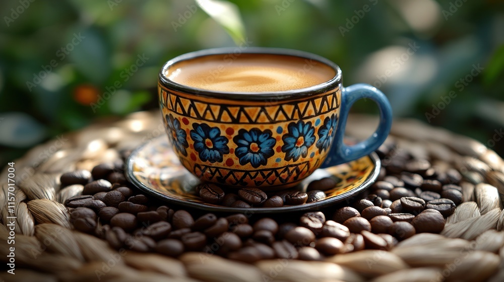 Fototapeta premium Espresso in ornate cup on coffee beans.